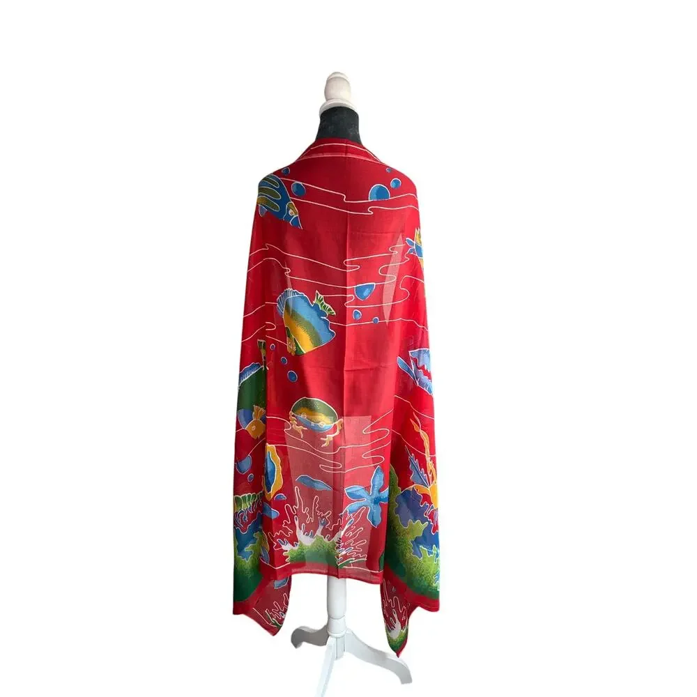XL- coverup- Coral Fish- Bright Red blues Green wrap, shawl, sarong OSFM